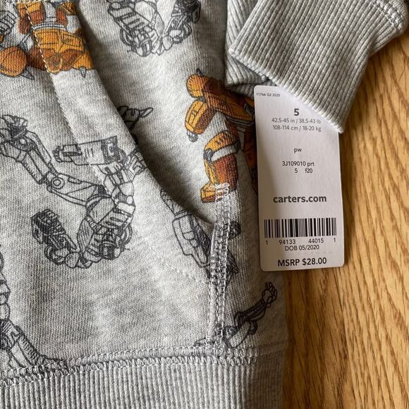 Carters Transformer Robot Print Zip Up Sweatshirt Gray Size 5 - Picture 5 of 9